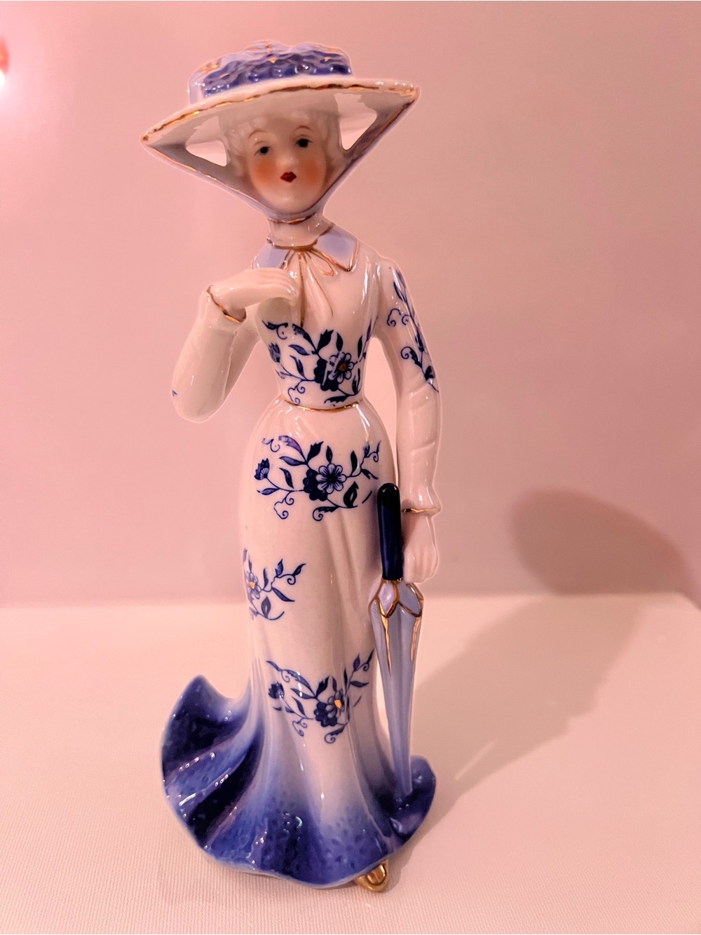 Vintage Arnart KPM style Hand-Painted Porcelain Lady Figurine in Blue and White